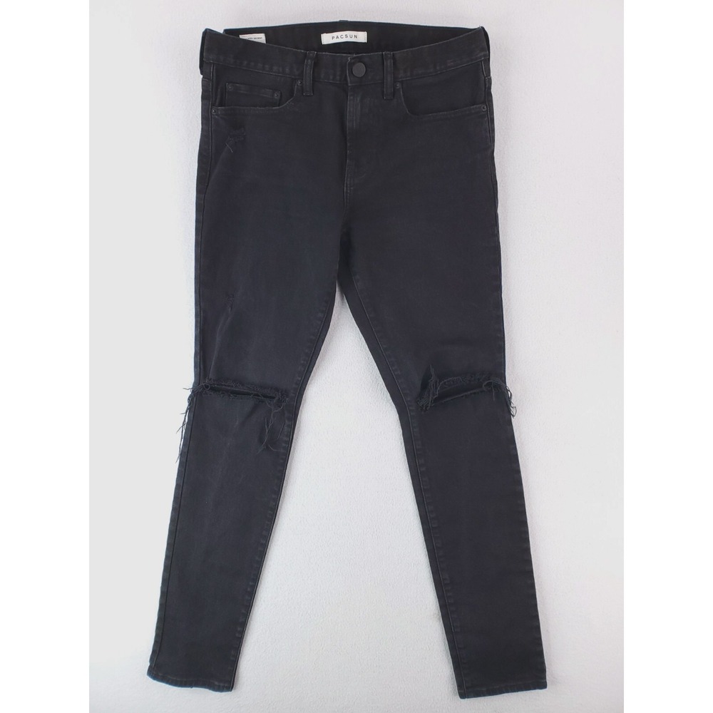 Pacsun Jeans Mens 31x32 Black Stacked Skinny Distressed Grunge Punk Stretch
